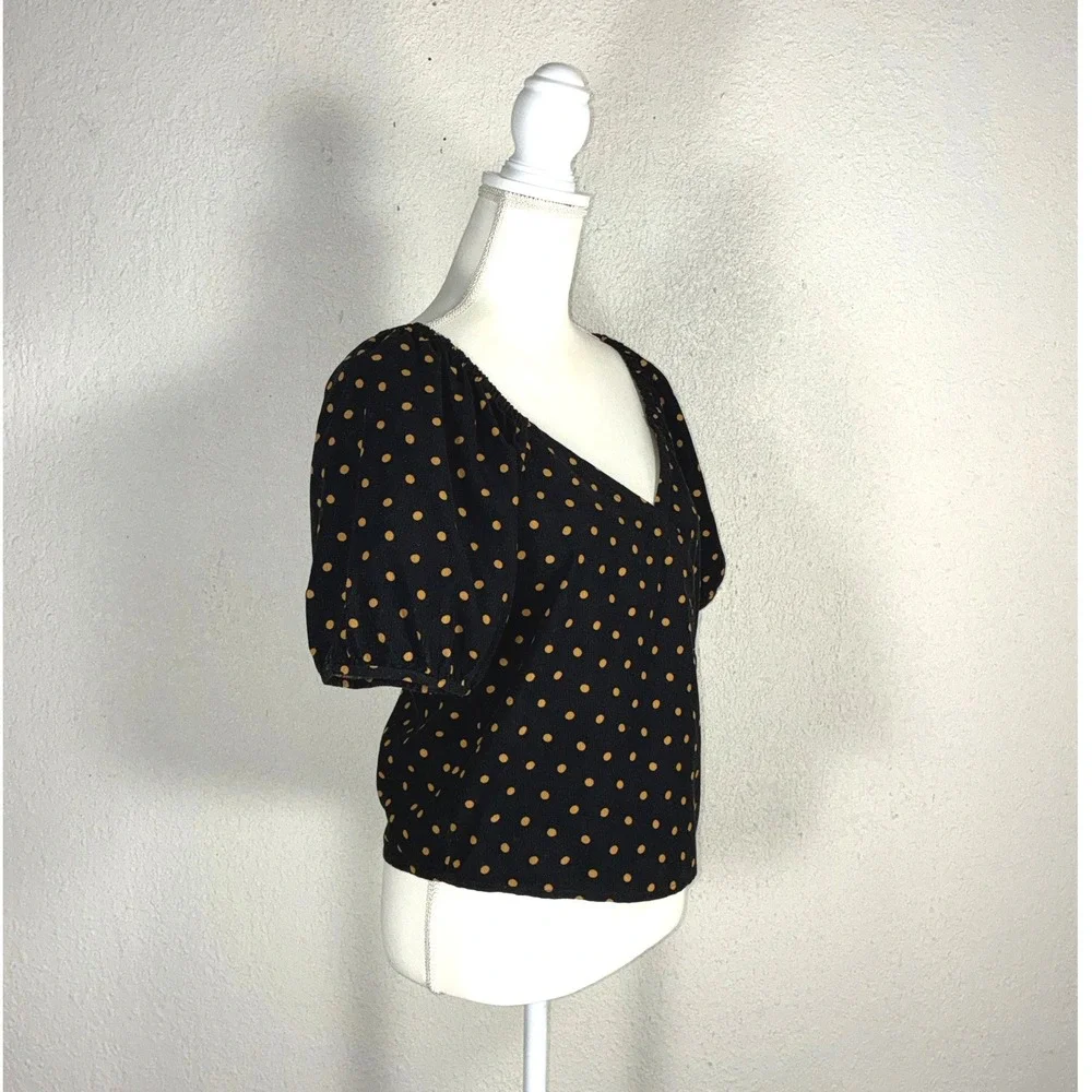 Madewell Polka Dot Corduroy Puff Sleeve Wrap Top Black‎ Tan XS G7835